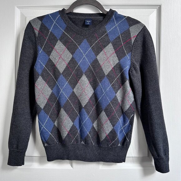 Gap Kids Boy's Large Sz 10 Gray & Blue Argyle V-neck Sweater Preppy Academia - Picture 7 of 7
